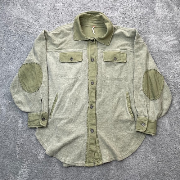Free People Jackets & Blazers - Free People Shirt Womens Medium Green Fleece Shacket Elbow Patches Boho Baggy